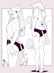 Rule 34 | 1girl, animal ears, ass, ass support, barefoot, breasts, cat ears, cat girl, cat tail, curly hair, flower, hair ornament, hair scrunchie, leoharju, long hair, low twintails, medium breasts, monochrome, multiple views, one-piece swimsuit, original, scrunchie, shirt, simple background, swimsuit, swimsuit under clothes, tail, tied shirt, twintails