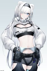 Rule 34 | 1girl, animal ears, arknights, aurora (arknights), bear ears, black gloves, black hairband, black shirt, blue eyes, blush, breasts, cleavage, cleavage cutout, clothing cutout, commentary, cowboy shot, crop top, cropped jacket, gloves, gradient background, grey background, grey shorts, hairband, hands on own hips, highres, jacket, long hair, long sleeves, looking at viewer, midriff, navel, pouch, shirt, short shorts, shorts, smile, solo, standing, stomach, umeno shii, very long hair, white hair, white jacket