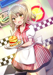 Rule 34 | 1girl, :d, apron, bad id, bad pixiv id, blurry, blurry background, blush, burger, checkered floor, collarbone, collared shirt, commentary request, depth of field, fangs, food, french fries, hair between eyes, high ponytail, highres, holding, holding tray, indoors, kneeling, light brown hair, looking at viewer, maid headdress, minami saki, neon lights, open mouth, original, plate, ponytail, puffy short sleeves, puffy sleeves, shirt, short sleeves, skirt, smile, solo, standing, striped clothes, striped shirt, striped skirt, tray, vertical-striped clothes, vertical-striped shirt, vertical-striped skirt, waist apron, waitress, white apron, yellow eyes