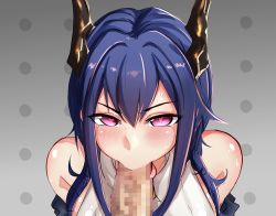 Rule 34 | 1boy, 1girl, :&gt;=, arknights, black jacket, blue hair, blush, censored, ch&#039;en (arknights), chinese commentary, dragon horns, fellatio, gradient background, grey background, hair between eyes, heart, heart-shaped pupils, hetero, horns, jacket, long hair, looking at viewer, mosaic censoring, off shoulder, oral, penis, pink eyes, shirt, simple background, solo focus, sweat, symbol-shaped pupils, tongue, tongue out, upper body, wenzheng147, white shirt