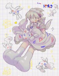Rule 34 | 1girl, ?, animal feet, animal hands, artist name, commentary, creatures (company), dress, fake wings, floating, game freak, gen 2 pokemon, gloves, grey background, grey dress, grey eyes, grey hair, grid background, hair ornament, hairclip, kagaya (oshiriudon), light blush, looking at viewer, mini wings, nintendo, open mouth, paw gloves, paw shoes, pokemon, pokemon (creature), puffy short sleeves, puffy sleeves, short hair, short sleeves, spoken question mark, symbol-only commentary, togetic, white footwear, white gloves, wings