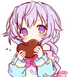 Rule 34 | 1girl, blush, box, braid, candy, chocolate, chocolate heart, food, gift, heart, heart-shaped box, holding, holding gift, long hair, looking at viewer, neptune (series), purple eyes, purple hair, pururut, solo, valentine