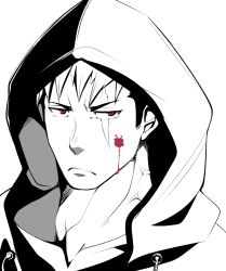 Rule 34 | 1boy, bara, blood, blood on face, crow (siranui), highres, hood, hood up, male focus, multicolored hair, muscular, muscular male, portrait, red eyes, scar, scar across eye, scar on face, short hair, sideburns, solo, spot color, onogami tetsuya, tokyo houkago summoners, two-tone hair, undercut