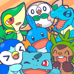 10s black_eyes bulbasaur chespin claws closed_eyes creatures_(company) game_freak gen_1_pokemon gen_2_pokemon gen_3_pokemon gen_4_pokemon gen_5_pokemon gen_6_pokemon gen_7_pokemon mudkip nintendo open_mouth piplup pokemon pokemon_(creature) red_eyes rowlet smile snivy totodile