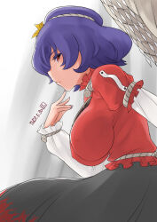 Rule 34 | 1girl, black skirt, breasts, closed mouth, commentary request, covered erect nipples, cowboy shot, dated, expressionless, frilled shirt, frilled sleeves, frills, grey background, highres, kei jiei, large breasts, layered sleeves, long sleeves, looking at viewer, looking to the side, profile, purple hair, red eyes, red shirt, red skirt, rope, shide, shimenawa, shirt, short hair, short over long sleeves, short sleeves, skirt, solo, touhou, white shirt, yasaka kanako
