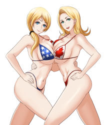 Rule 34 | 2girls, :d, american flag, american flag bikini, anne green, arm around waist, armpits, bad id, bad pixiv id, bikini, blonde hair, blue eyes, blush, breast press, breasts, canadian flag bikini, cleavage, closed mouth, cowboy shot, ellen baker, flag print, flipped hair, from side, green eyes, hair ornament, hair over shoulder, hair scrunchie, hand on own hip, highleg, highleg bikini, highleg panties, highleg swimsuit, highres, hug, large breasts, leaf print, legs apart, light smile, lips, long hair, looking at viewer, looking back, low ponytail, multiple girls, navel, new horizon, open mouth, panties, parted bangs, ponytail, print bikini, scrunchie, shibusun, sideboob, simple background, smile, star (symbol), star print, string bikini, striped, swimsuit, symmetrical docking, symmetry, thighs, underboob, underwear, united states, white background