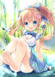 Rule 34 | 1girl, arm support, bamboo, bamboo forest, bare legs, barefoot, blonde hair, blue bow, blue dress, blue eyes, blue ribbon, bow, braid, breasts, cleavage, commentary request, day, dress, flower, folding fan, forest, hair between eyes, hair bow, hair flower, hair ornament, hair ribbon, hand fan, hand up, high ponytail, highres, holding, holding fan, knees up, lolita fashion, long hair, medium breasts, mikeou, nature, original, outdoors, panties, pink flower, ponytail, qi lolita, ribbon, see-through, shallow water, soles, solo, sunlight, underwear, very long hair, water, white flower, white panties
