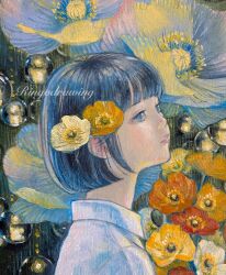 Rule 34 | 1girl, black hair, bob cut, close-up, collared shirt, commentary request, expressionless, flower, grey eyes, hair flower, hair ornament, highres, looking to the side, oil painting (medium), orange flower, original, painting (medium), poppy (flower), red flower, ringodrawing, shirt, short hair, solo, traditional media, white shirt, yellow flower