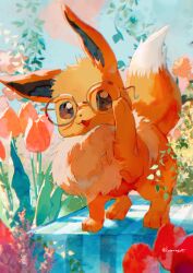 Rule 34 | :d, commentary request, creatures (company), day, eevee, flower, game freak, gen 1 pokemon, glasses, happy, highres, looking at viewer, nagakura (seven walkers), nintendo, no humans, open mouth, orange flower, outdoors, pokemon, pokemon (creature), smile, solo, standing
