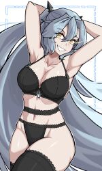 Rule 34 | 1girl, absurdres, arbiter the hermit ix (azur lane), armpits, arms behind head, arms up, azur lane, black panties, black thighhighs, bra, breasts, chief (skiwa), cleavage, collarbone, commission, grey hair, groin, hair between eyes, highres, lace, lace-trimmed bra, lace-trimmed panties, lace-trimmed thighhighs, lace trim, large breasts, lingerie, long hair, looking at viewer, navel, open mouth, panties, second-party source, siren (azur lane), smile, solo, stomach, thighhighs, underwear, very long hair, yellow eyes