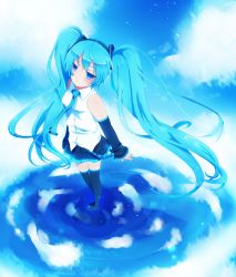 Rule 34 | 1girl, bad id, bad pixiv id, bare shoulders, black thighhighs, blue eyes, blue hair, detached sleeves, female focus, gradient background, hatsune miku, highres, kurone roku, long hair, matching hair/eyes, outdoors, pleated skirt, skirt, sky, solo, thighhighs, twintails, vocaloid