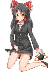 Rule 34 | 1girl, black footwear, black jacket, black skirt, blazer, blush, bow, breasts, closed mouth, collared shirt, commentary request, cookie (touhou), expressionless, frilled bow, frills, full body, hair bow, hair tubes, hakurei reimu, highres, jacket, long hair, looking at viewer, medium breasts, office lady, pencil skirt, red bow, sananana (cookie), shirt, shoes, sidelocks, simple background, sitting, skirt, solo, touhou, wand, wariza, white background, white shirt, yellow eyes, yin yang, yumekamaborosh