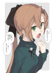 Rule 34 | 1girl, akigumo (kancolle), brown hair, commentary request, green eyes, green sweater, hair ribbon, highres, kantai collection, licking, long hair, looking at viewer, mole, mole under eye, official alternate costume, ponytail, ribbon, salamander (hop-step), solo, sweater, tongue, tongue out, translation request, upper body