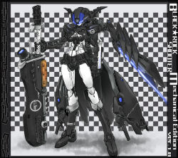 Rule 34 | 10s, black rock shooter, checkered background, full body, glowing, helmet, highres, holding, holding sword, holding weapon, ledjoker07, looking at viewer, macha, mechanization, no humans, simple background, solo, standing, sword, weapon