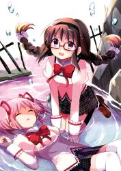 Rule 34 | 10s, 2girls, absurdres, akemi homura, black hair, black socks, bow, braid, closed eyes, glasses, hair bow, hair ribbon, hairband, hara yui, highres, juliet sleeves, kaname madoka, kneehighs, loafers, long hair, long sleeves, lying, mahou shoujo madoka magica, mahou shoujo madoka magica (anime), multiple girls, on back, open mouth, partially submerged, pink hair, plaid, plaid skirt, pleated skirt, puffy sleeves, purple eyes, ribbon, scan, shoes, short hair, short twintails, skirt, socks, spoilers, tears, thighhighs, torn clothes, twin braids, twintails, water, wet, wet clothes, white legwear