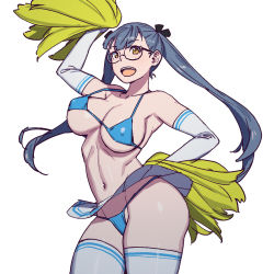 Rule 34 | bikini, blue bikini, breasts, cowboy shot, elbow gloves, glasses, gloves, grey hair, highres, large breasts, looking at viewer, onsen tamago (hs egg), open mouth, original, pleated skirt, pom pom (cheerleading), simple background, skirt, smile, string bikini, swimsuit, thighhighs, twintails, white background, white gloves, white skirt, white thighhighs, yellow eyes