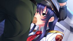 Rule 34 | 1girl, blush, censored, embarrassed, fellatio, game cg, gloves, green eyes, hair between eyes, hands on another&#039;s head, hat, head out of frame, huracan, indoors, kyonyuu onna shikan sennou saimin, legs, long hair, lune (company), maria lawrence, mosaic censoring, necktie, oral, original, penis, purple hair, red neckwear, solo focus, standing, thighs, uniform