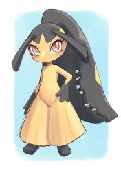 Rule 34 | 1girl, black hair, black skin, blue background, blush, border, closed mouth, colored skin, creatures (company), extra mouth, female focus, flat chest, full body, game freak, gen 3 pokemon, groin, hand on own hip, long hair, looking at viewer, mawile, multicolored skin, nintendo, outside border, pokemon, pokemon (creature), red eyes, sharp teeth, simple background, sketch, solo, standing, teeth, two-tone skin, uno usaya, very long hair, white border, yellow skin