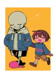 Rule 34 | 1boy, 1other, = =, androgynous, black shorts, blue hoodie, blue shirt, brown hair, child, chromatic aberration, closed eyes, frisk (undertale), grin, highres, holding, holding clothes, hood, hoodie, long sleeves, menma (enaic31), multiple others, musical note, open mouth, sans (undertale), shirt, short hair, shorts, skeleton, slippers, smile, striped clothes, striped shirt, teeth, undertale, walking, watermark, white hood