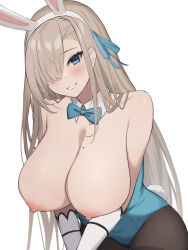 Rule 34 | 1girl, animal ears, asuna (blue archive), asuna (bunny) (blue archive), bare shoulders, blue archive, blue eyes, blue leotard, blue ribbon, blush, bow, bowtie, breasts, brown pantyhose, cleavage, commentary request, detached collar, elbow gloves, fake animal ears, gloves, grin, hair over one eye, hair ribbon, highleg, highleg leotard, highres, kurowan, large breasts, leotard, light brown hair, long hair, looking at viewer, mole, mole on breast, nipples, official alternate costume, pantyhose, partial commentary, playboy bunny, rabbit ears, ribbon, smile, solo, traditional bowtie, very long hair, white gloves