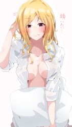 Rule 34 | 1girl, absurdres, arm behind head, blonde hair, blush, breasts, breasts apart, clark grimms, collarbone, highres, idolmaster, idolmaster million live!, medium breasts, momose rio, naked shirt, no bra, open clothes, open shirt, pillow, red eyes, shirt, sleepy, sleeves rolled up, solo
