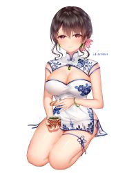 Rule 34 | 1girl, bangle, blue panties, blush, bracelet, breasts, brown hair, china dress, chinese clothes, cleavage, closed mouth, dress, earrings, flower, full body, hair between eyes, hair flower, hair ornament, highres, holding, jewelry, junpaku karen, large breasts, mole, mole on breast, mole under eye, original, panties, pink flower, red eyes, seiza, short hair, side-tie panties, simple background, sitting, sleeveless, sleeveless dress, smile, solo, underwear, white background, white dress