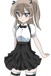Rule 34 | 1girl, adapted costume, black bow, black bowtie, black ribbon, black skirt, black thighhighs, bow, bowtie, brown eyes, casual, collared shirt, commentary, cowboy shot, girls und panzer, hair ribbon, high-waist skirt, highres, layered skirt, light blush, light brown hair, long hair, looking at viewer, miniskirt, one side up, open mouth, puffy short sleeves, puffy sleeves, ribbon, shimada arisu, shirt, short sleeves, simple background, skirt, smile, solo, standing, striped clothes, striped thighhighs, suspender skirt, suspenders, thighhighs, wakku kan, white background, white shirt
