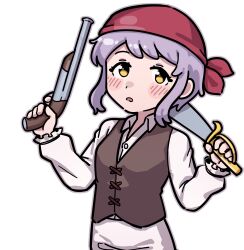 Rule 34 | 1girl, absurdres, bandana, blush stickers, brown vest, burndle08, commentary, gun, highres, holding, holding gun, holding sword, holding weapon, idolmaster, idolmaster million live!, long sleeves, looking at viewer, makabe mizuki, parted lips, pirate costume, purple hair, red bandana, shirt, short hair, sidelocks, solo, sword, upper body, vest, weapon, white background, white shirt, yellow eyes