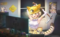 Rule 34 | 1girl, absurdres, arms up, blackbuck (kemono friends), blonde hair, blush, bow, bowtie, breasts, brown eyes, brown hair, commission, elbow gloves, fang, gloves, headlamp, helmet, highres, holding, holding pickaxe, indoors, kemono friends, kemono friends 3, keyboard (computer), large breasts, monitor, monster energy, mouse (computer), neukkom, open mouth, pickaxe, sand cat (kemono friends), shirt, short hair, skirt, sleeveless, sleeveless shirt, smile, solo, tail, white hair, white shirt