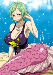 Rule 34 | 1girl, ass, breasts, brown eyes, camie (one piece), covered erect nipples, female focus, green hair, highres, large breasts, mermaid, monster girl, nel-zel formula, nipples, one piece, short hair, swimsuit