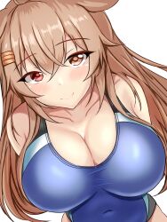 Rule 34 | 1girl, black one-piece swimsuit, blue one-piece swimsuit, blush, breasts, brown eyes, collarbone, competition swimsuit, covered navel, hair between eyes, hair flaps, hair ornament, hairclip, heterochromia, highleg, highleg swimsuit, highres, impossible clothes, impossible swimsuit, kantai collection, large breasts, light brown hair, long hair, looking at viewer, montemasa, multicolored clothes, multicolored swimsuit, murasame (kancolle), murasame kai ni (kancolle), one-piece swimsuit, red eyes, simple background, smile, solo, swimsuit, two-tone swimsuit, two side up, upper body, white background