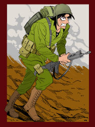 Rule 34 | 1boy, alternate costume, army, backpack, bag, black eyes, black hair, boots, border, brown footwear, clenched teeth, commentary request, cross-laced footwear, full body, green jacket, green pants, gun, holding, holding gun, holding weapon, inudori, itou kaiji, jacket, kaiji, long hair, looking afar, male focus, medium bangs, pants, pointy nose, pouch, red border, soldier, solo, teeth, walking, weapon