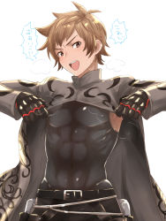 Rule 34 | 1boy, @@@, abs, alternate costume, armpit peek, bad id, bad pixiv id, belt, blush, brown eyes, brown hair, covered navel, covered erect nipples, gran (granblue fantasy), granblue fantasy, gunslinger (granblue fantasy), highres, looking at viewer, male focus, self exposure, short hair, simple background, skin tight, smile, solo, sweat, white background