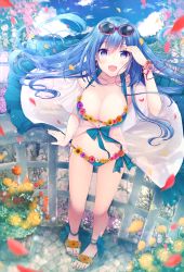 Rule 34 | 1girl, :d, aqua bikini, azu torako, bikini, blue eyes, blue hair, blush, breasts, cleavage, collarbone, day, emori miku, eyewear on head, floating clothes, floating hair, flower trim, full body, hand up, highres, large breasts, liver city, long hair, looking at viewer, multicolored nails, nail polish, navel, open mouth, outdoors, petals, ribbon, sandals, see-through, side-tie bikini bottom, sidelocks, sitting, smile, solo, standing, sunglasses, swimsuit, thighs, toenail polish, toenails, very long hair, wind