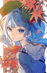 Rule 34 | 1girl, absurdres, blue eyes, blue hair, blue shirt, flat cap, green hat, hair bobbles, hair ornament, hat, highres, kappa mame, kawashiro nitori, leaf, looking at viewer, maple leaf, parted lips, shirt, short hair, solo, touhou, two side up, upper body, water drop