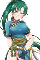 Rule 34 | 1girl, aone hiiro, blush, breasts, comic, earrings, fingerless gloves, fire emblem, fire emblem: the blazing blade, gloves, green eyes, green hair, hair over one eye, head tilt, jewelry, large breasts, long hair, lyn (fire emblem), nintendo, pelvic curtain, ponytail, smile, solo, sword, thighs, weapon, white background