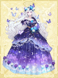 Rule 34 | 1girl, beads, black gloves, blue butterfly, blue flower, blue rose, breasts, bug, butterfly, celestia lumiere, chain paradox, cleavage, cloud print, crescent, crescent earrings, crescent print, diamond hair ornament, dress, dress flower, earrings, flower, frilled dress, frills, full body, gloves, gown, gradient dress, grey hair, hair flower, hair ornament, hand on own chest, hands up, insect, jewelry, leaf, looking at viewer, medium breasts, mismatched earrings, necklace, off-shoulder dress, off shoulder, parted lips, purple dress, purple eyes, purple flower, purple rose, rose, shichimi, short sleeves, sidelocks, smile, solo, sparkle, standing, star (symbol), star earrings, star necklace, star print, starry sky print, swept bangs, two side up, wavy hair, white flower, white rose, yellow background