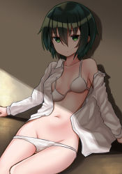 Rule 34 | 1girl, bra, bra pull, breasts, clothes pull, collarbone, expressionless, green eyes, green hair, half-closed eyes, highres, indoors, kino (kino no tabi), kino no tabi, long sleeves, looking at viewer, matching hair/eyes, navel, off shoulder, open clothes, open shirt, panties, panty pull, shirt, short hair, sitting, small breasts, solo, templus, underwear, white bra, white panties, white shirt