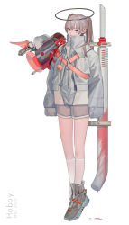 Rule 34 | 1girl, arms at sides, black halo, blood, coat, commentary, dark halo, dated, earrings, eyelashes, fangs, full body, grey coat, grey footwear, grey shorts, hair between eyes, halo, heart, heart tattoo, highres, jewelry, kneehighs, light brown hair, long hair, looking at viewer, nike (company), oguchi, original, parted lips, ponytail, shoes, shorts, simple background, sneakers, socks, solo, standing, tattoo, turtleneck, white background, white socks