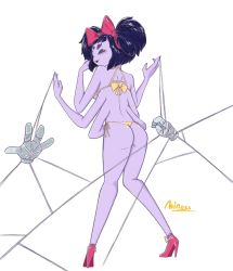 Rule 34 | 1girl, arthropod girl, ass, bikini, blush, bow, breasts, colored skin, extra arm, extra eyes, fangs, high heels, highres, insect girl, monster girl, muffet, purple skin, ribbon, spider girl, swimsuit, twintails, undertale