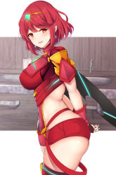 Rule 34 | 1girl, arms behind back, ass, blush, bob cut, breasts, earrings, fingerless gloves, gem, gloves, hair ornament, headpiece, highres, jewelry, large breasts, looking at viewer, nintendo, noeomi, pyra (xenoblade), red eyes, red hair, short hair, short shorts, shorts, sideboob, skindentation, smile, swept bangs, thick thighs, thighhighs, thighs, tiara, xenoblade chronicles (series), xenoblade chronicles 2