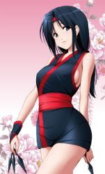 Rule 34 | 1girl, bare shoulders, between fingers, black eyes, black hair, blush, breasts, closed mouth, copyright request, cowboy shot, floral background, gradient background, headband, highres, holding, holding weapon, japanese clothes, kimono, kunai, lips, long hair, looking at viewer, medium breasts, nori tamago, parted bangs, pink background, sash, shiny skin, sideboob, sleeveless, sleeveless kimono, smile, solo, standing, tareme, thighs, weapon, wrist guards