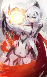 Rule 34 | 1girl, absurdres, armor, bare shoulders, blue eyes, breasts, cape, cleavage, closed mouth, earrings, gauntlets, highres, holding, holding sword, holding weapon, honkai (series), honkai impact 3rd, jewelry, kiana kaslana, kiana kaslana (herrscher of flamescion), looking at viewer, namishiron, ponytail, red cape, solo, sword, weapon, white hair