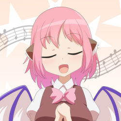 Rule 34 | 1girl, :d, animal ears, beige background, bird wings, bow, bowtie, brown vest, cato (monocatienus), commentary, closed eyes, facing viewer, hands on own chest, highres, music, musical note, mystia lorelei, open mouth, own hands together, pink bow, pink hair, puffy short sleeves, puffy sleeves, shirt, short hair, short sleeves, simple background, singing, smile, solo, staff (music), star (symbol), starry background, touhou, upper body, vest, white shirt, wings