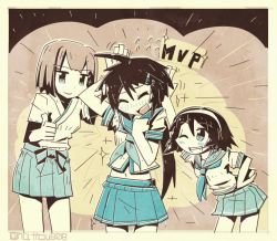 Rule 34 | 10s, 3girls, ahoge, arm behind head, artist name, black hair, blush, brown hair, fang, hair ornament, hairband, hairclip, hand on own hip, height difference, hyuuga (kancolle), japanese clothes, kako (kancolle), kantai collection, long hair, messy hair, midriff, multiple girls, mvp, nontraditional miko, one eye closed, open mouth, parted bangs, pleated skirt, ponytail, school uniform, serafuku, short hair, shuuzen (shu-zen), skin tight, skirt, smile, sparkle, tanikaze (kancolle), thumbs up, twitter username, undershirt
