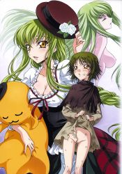 Rule 34 | blush, bottomless, breasts, c.c., censored, cheese-kun, cleavage, code geass, convenient censoring, covered erect nipples, closed eyes, flower, frills, green hair, hat, hat flower, highres, iyou, long hair, multiple persona, nipples, nude, pizza hut, ribbon, short hair, sideboob, torn clothes, very long hair, yellow eyes, yukkyun