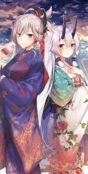 Rule 34 | 2girls, blue kimono, blush, closed mouth, cloud, cloudy sky, commentary request, day, eyes visible through hair, fate/grand order, fate (series), floral print, hair between eyes, highres, holding, horns, japanese clothes, kimono, komeshiro kasu, long hair, long sleeves, looking at viewer, miyamoto musashi (fate), multiple girls, obi, oni horns, outdoors, red eyes, sash, silver hair, sky, smile, standing, tomoe gozen (fate), very long hair, wide sleeves
