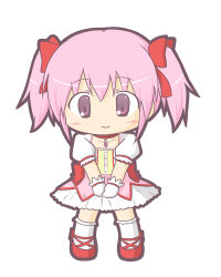 Rule 34 | 1girl, blush, bow, chibi, choker, closed mouth, collarbone, commentary request, dress, female focus, gloves, hair between eyes, hair bow, kaname madoka, kneehighs, magical girl, mahou shoujo madoka magica, mahou shoujo madoka magica (anime), own hands together, pink dress, pink eyes, pink hair, puffy short sleeves, puffy sleeves, red bow, red choker, red footwear, ri-net, shoes, short sleeves, sidelocks, simple background, smile, socks, solo, standing, twintails, v arms, white background, white gloves, white socks