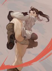 Rule 34 | 1girl, accio, boots, brown hair, burari, dress, dutch angle, earrings, gloves, image sample, jewelry, las vegas (accho), looking at viewer, looking down, panties, red eyes, short dress, simple background, solo, twintails, underwear