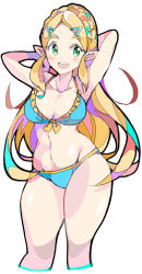 Rule 34 | 1girl, arms up, bikini, blue eyes, blush, breasts, cleavage, elf, hair ornament, hairclip, hand on head, happy, highres, large breasts, legs, long hair, navel, nintendo, open mouth, pointy ears, princess, princess zelda, smile, solo, standing, swimsuit, the legend of zelda, the legend of zelda: breath of the wild, thighs